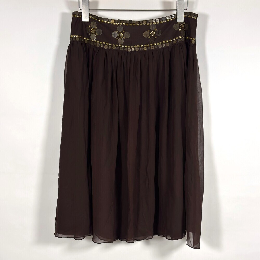 Willi Smith Brown Silk Midi Skirt Gold Sequins - Size 10 - Picture 2 of 6